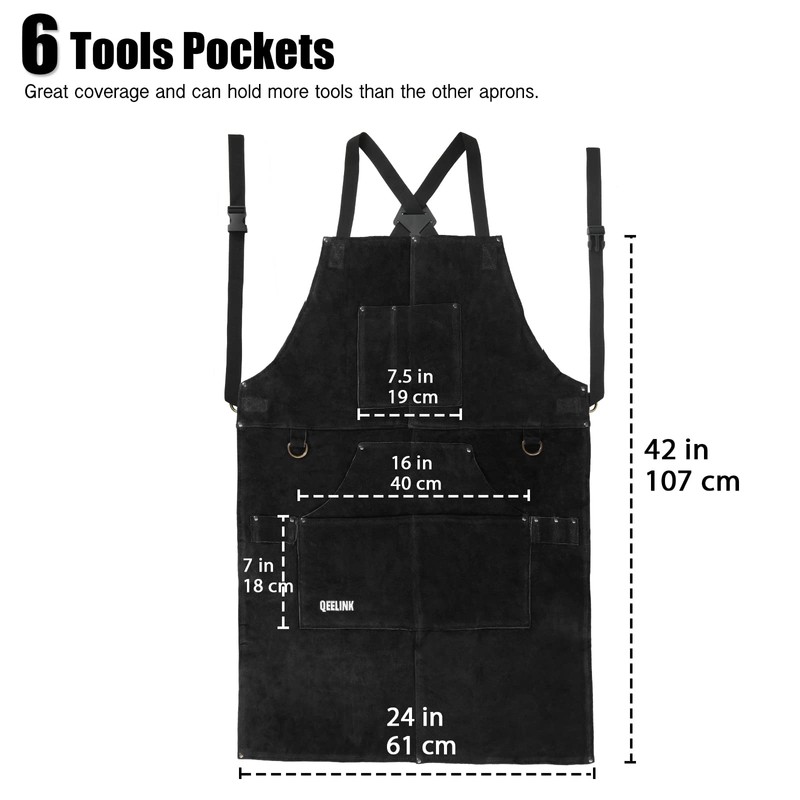 QeeLink Leather Welding Apron with 6 Pockets - Heat &