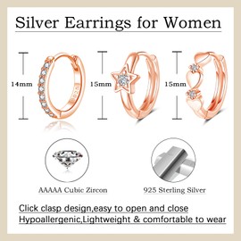 Cangall Hoop Earrings 925 Silver Small 3 Pairs 925 Sterling Silver Heart Star Huggie Hoop Earrings Set, Hypoallergenic Silver Women's Hoop Earrings, Small Sleeping Cartilage Earrings Hoop Earrings
