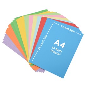 Pack of 50 Colourful Paper A4, Sheets of Coloured Card 160 g/m², Coloured Paper A4, A4 Card, 10 Colours, 21 x 29.7 cm Card Paper for DIY Art Paper, Creative Decoration (160 g)
