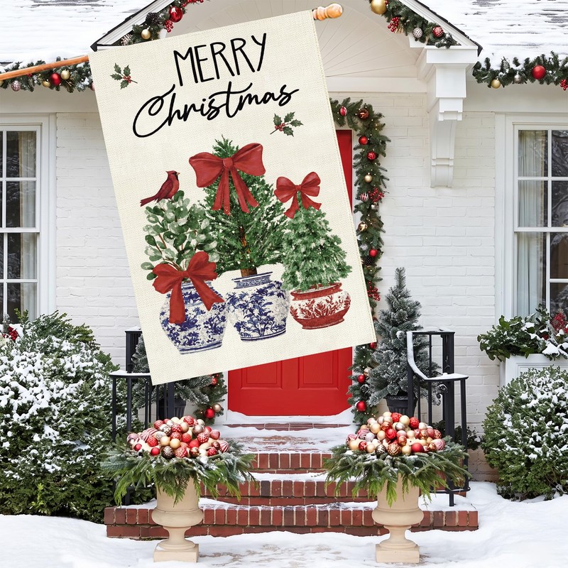 Christmas House Flag 28x40 Inch Large Winter Pine Trees Farmhouse