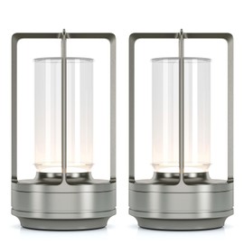 Portable Metal Table Lamp for Indoor/Outdoor ,Rechargeable Cordless LED Lamp, 3-Colour Infinitely Dimming Battery Powered Small Desk Lamp, Restaurant/Bedroom/Bar/Coffee/Camping Light (Sliver Set of 2)