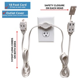 W4W, Twin Extension Cord Power Strip - 18 Foot Cord - 9 feet on Each Side - Flat Head (Wall Hugger) Outlet Plug - 6 Polarized Outlets with Safety Cover