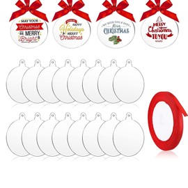DMJOULI 25 Pcs Christmas Bauble Clear Acrylic Disc Ornaments,7.6cm Round Christmas Ornaments with Red Ribbon,Flat Baubles for Craft,DIY Disc Decorate Christmas Tree holiday Party.
