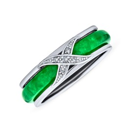 Pave CZ Accent Criss Cross Cubic Zirconia X Kiss Dyed Green Jade Band Ring For Women For Girlfriend .925 Sterling Silver