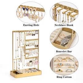 PiQi-Grecge Jewelry Organizer, 4-Tier Earring Organizer with Metal Tray, Jewelry Holder Stand for Necklaces Stud Earrings Bracelets and Rings, Earring Holder (Gold)