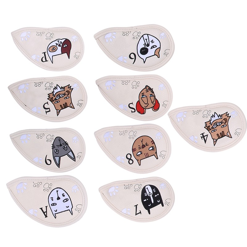 9PCS PU Leather Embroidery Waterproof Golf Putter Head Cover Iron
