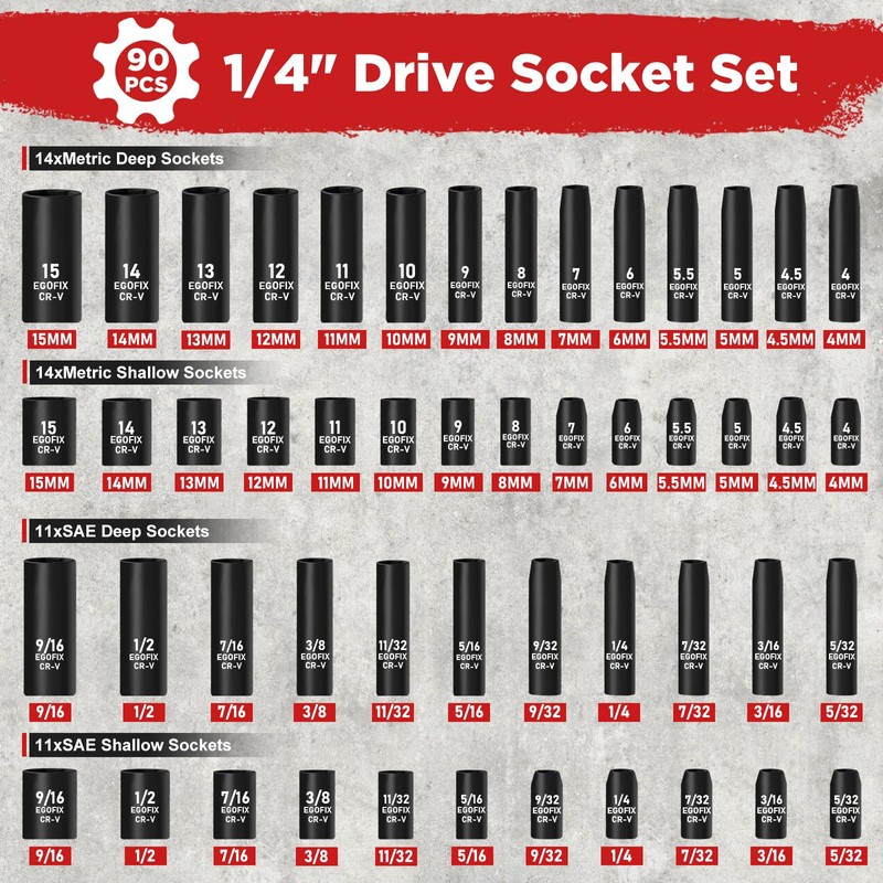 1/4" Drive Impact Socket Set 90 Piece, Metric Socket (4-15mm)