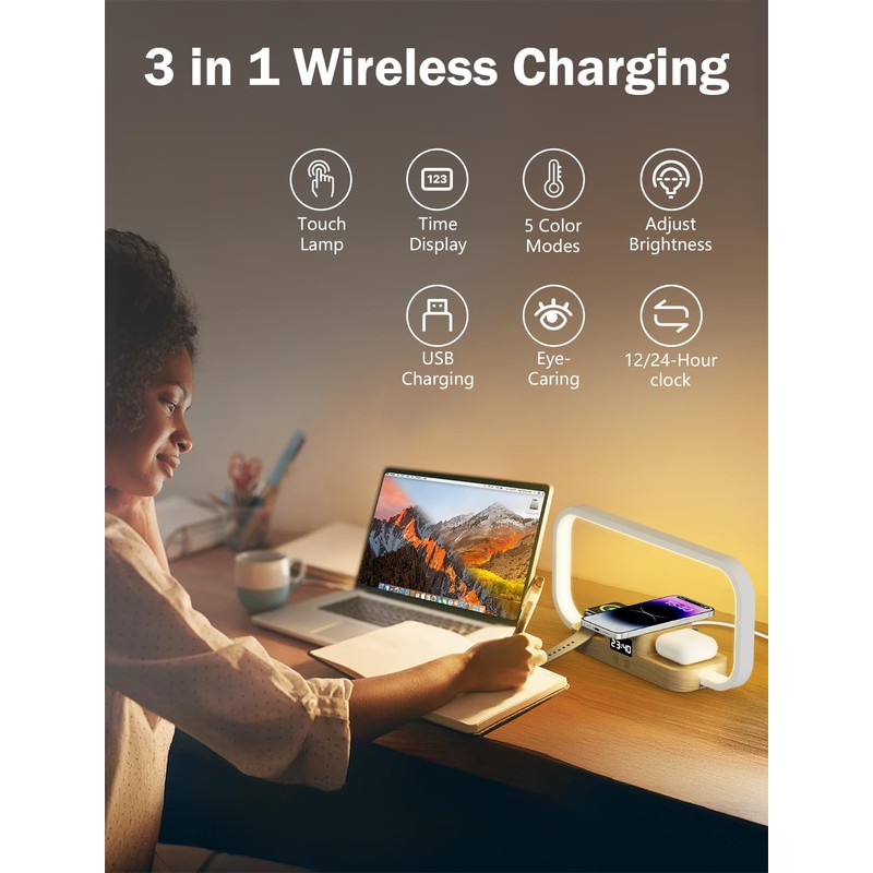 CRLL 3-in-1 Bedside Lamp with Wireless Charger & USB Port,