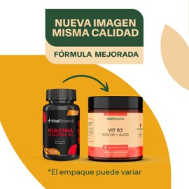 Vitamina B3 / Niacina y Ajo. Con 60 capsulas de 500mg (2 meses). VitalBotanics. Multivitaminico, Vitaminas. Suplementos Alimenticios. Libre de Gluten y Aditivos. Apto Dieta Keto.