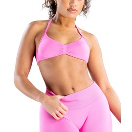 HAODIAN Women's Strappy Halter Sports Bra Backless Gym Bra with Removable Pads, Rose Pink, X-Small