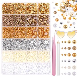 Gold Silver Pearls for Crafting, Flatback Pearls Nail Beads 3/4/6/8mm Half Round ABS Brown White Beige Pearl Beads Gems for Nails Art DIY Crafting Face Hair Manicure DIY