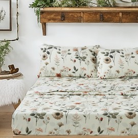 DaDa Bedding Collection Enchanted Meadow Bed Sheet Set - Floral Harmony in Beige, Rose, and Soft Green, Premium Soft Microfiber, Machine Washable, Deep Pocket 14-15 Inches + Flat Sheet (Twin)