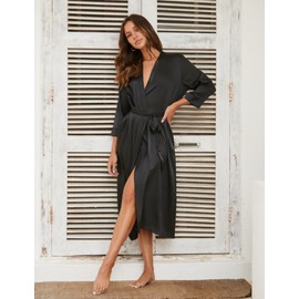 Ekouaer Bathrobe Women's Satin Lightweight Dressing Gown Long Luxury High Quality Bridesmaid Dress Wedding Party Kimono Silk Robes 3/4 Sleeves Soft and Lightweight Loungewear with Pockets S-XXL, black