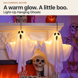 2-Pack Light-Up Hanging Ghost Decorations for Halloween – Warm LED Glow with Flexible Arms for Porch, Door, Window & Party Decor