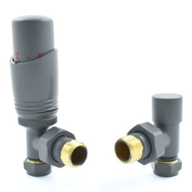 Hot Flow Grey Cascade Angled Modern TRV Thermostatic Radiator Valve (Pair) Includes Angled TRV Body & One Lock Shield for Quick & Easy Temperature Control. Perfect for Energy Saving.