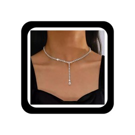 Zeshimb Boho Crystal Choker Necklace Silver Rhinestone Pendent Necklace Crystal Y Lariat Necklaces CZ Tennis Chain Necklace Jewelry for Women and Girls