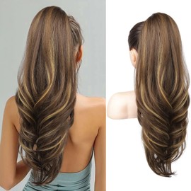 SEIKEA Versatile Drawstring Ponytail Extension, 26" Long Wavy Multi Layered Clip in Ponytail Hair Extensions Stand Up High Fake Pony Tail Soft Natural Synthetic Hairpiece Chocolate Brown Highlights