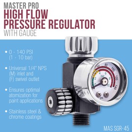 Master Pro High Flow Spray Gun Air Pressure Regulator with Gauge, 0 to 140 PSI - Air Flow Control Adjusting Valve for Air Tools