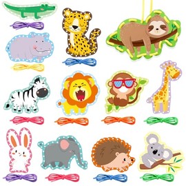 FindFunFine Jungle Animal Lacing Cards 12 Pack Sewing Kits for Kids Lion Wild Animal Cardboard Double Side Lacing Playing Games for Developing Imagination Preschool Educational Learning Activity