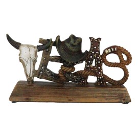 Ebros Gift Rustic Western Patriotic Texas Word Sign Cow Skull Cowboy Hat Lasso Ropes Horseshoe Faux Wooden Desktop Plaque Figurine 6.25" Wide Old World Wild West Accent Theme Home And Office