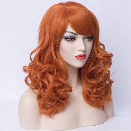 Peluca naranja hasta los hombros, rizada, naranja, con flequillo, pelirroja, para mujeres y niñas, sintética, resistente al calor, para disfraz de cosplay (naranja)