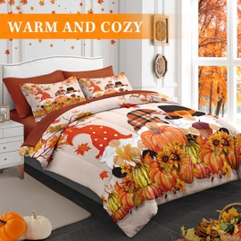 Pamnest Fall Comforter Set King Size, Autumn Gnomes 7 Pcs Bedding Set for Kids and Adults, Thanksgiving Harvest Pumpkin Bed Sheet Sets with Fitted Sheet 2 Pillowcase & 2 Sham for Bedroom Bed Decor