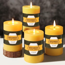 4 Packs Natural Beeswax Pillar Candles,100% Pure Bees Wax Candles 240-280 Hours Long Burn Time Unscented Beeswax Candle Smokeless Dripless Candle for Home Decor Paryer Christmas Party, 3x4in