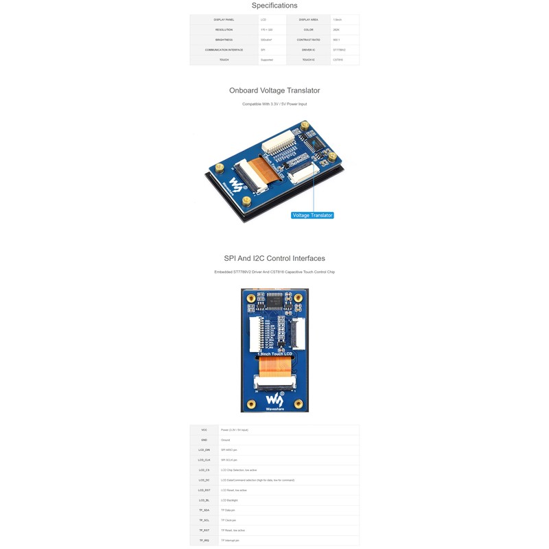 1.9" SPI & I2C Touch LCD Display Module, 172x320 IPS