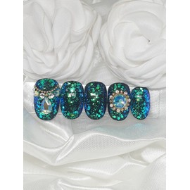 Aquamarine handmade nail tips - Short Round Square / 아쿠아마린 수제네일팁 - 숏라운드스퀘어