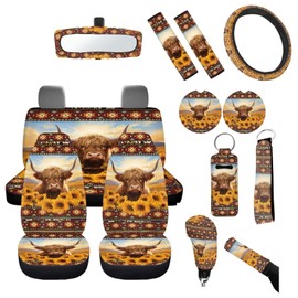 FUIBENG Sunflower Highland Cow Car Seat Covers Sets 14pcs,Sunflower Western Cow Auto Seat Protector Pad+Seatbelt+Steering Wheel+Car Coasters+ Interior Mirror Accessory+Cow Keychain for Women Men