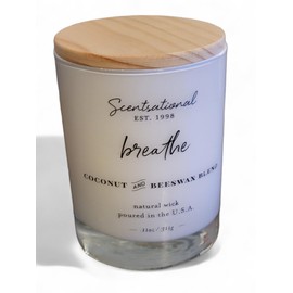 Natural Wick, Coconut & Beeswax Blend Scented Candle (Breathe) Cursive, White Jar, Wooden Lid, 11oz
