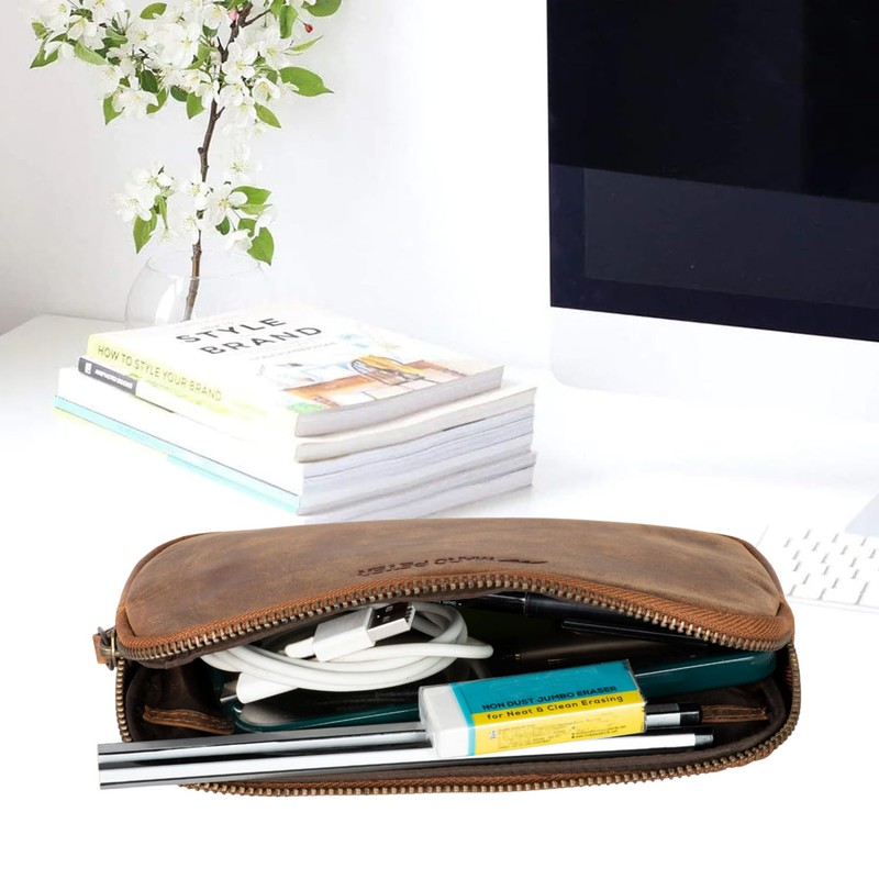 Marc Peter Vintage Darvin Leather Pencil Case with YKK Zip,