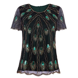 Vijiv Women's 1920s Vintage Beaded Tops Art Deco Scalloped Hem Embellished Sparkly Dressy Peacock Sequins Shirt Blouse Tunic Party