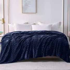 Whale Flotilla Flannel Fleece King Size Bed Blanket, Soft Velvet Lightweight Bedspread Plush Fluffy Coverlet Chevron Design Decorative Blanket for All Season, 90x104 Inch, Navy Blue