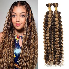 Ombre 4/27 Highlight Human Hair Braiding Hair for Boho Braids No Weft 2 Bundles Deep Wave Bulk Boho Braids Human Hair for Boho Knotless Braids Curly Bohemian Micro Braiding Hair (#4/27,26Inch,100g)