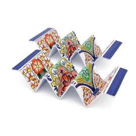 TP Taco Holder Stands, Set of 2 Melamine Large Taco Serving Rack Tray with Handle, Holds 3 Tacos, Dishwasher Safe, Ideal for Taco Night, Party, Home, Fiesta, Talavera Tile