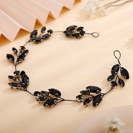 Teyglen Black Crystals Bride Wedding Headband Hair Vine Handmade Bridal Rhinestones Headband Wedding Hair Accessories for Brides Vintage Headpieces for Women Girl Party Prom Birthday (Black)