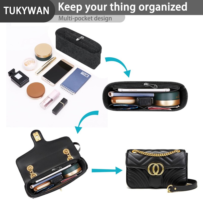 TUKYWAN Purse Organizer Insert with Zipper for GG Marmont Insert