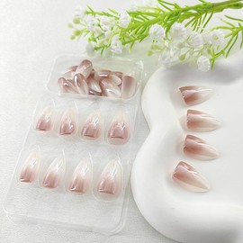 Short Almond Press on Nails Glossy Fake Nails White Acrylic Nails Press ons Brown Gradient Glue on Nails Chrome Design False Nails Almond Short Artificial Stick on Nails for Women 30Pcs