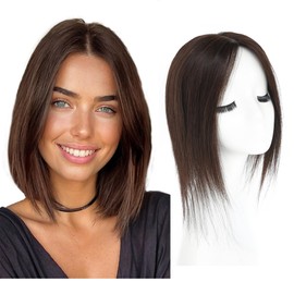 viviaBella Clip in Human Hair Toupee No bangs Naturally Looking Parted Seamless Hairpiece for Women Thick Silk Base Hair Topper for Thicking Hair (3# Dark Brown, 5.1"x5.1" 12inch)