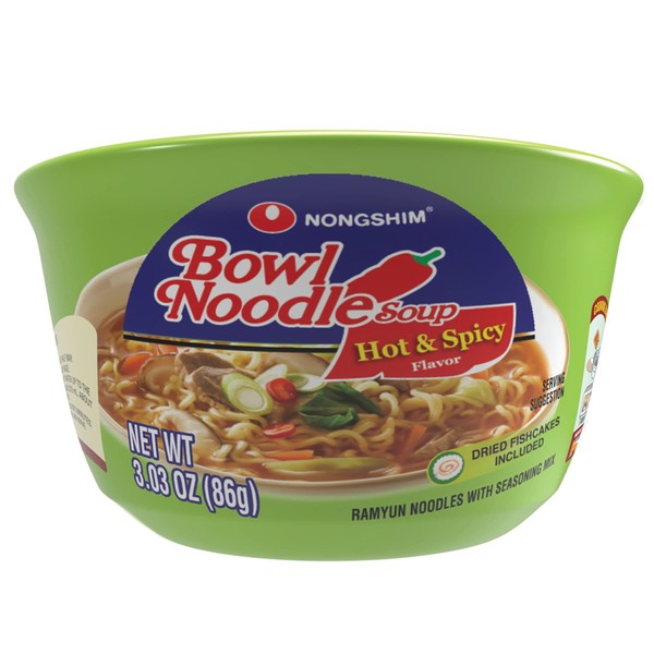 Nongshim Hot & Spicy Instant Ramen Bowl Soup Mix, 12 Pack, Includes Fish Cakes, Crisp Carrot, Green Onion, Microwaveable Ramyun