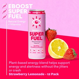 EBOOST Super Fuel Natural Energy Drink - Strawberry Lemonade - 12 Pack x 11.5 Fl Oz - Natural Caffeine from Coffee and Green Tea - Essential Electrolytes, Nootropics, and Vitamins - Sports Preworkout Drink