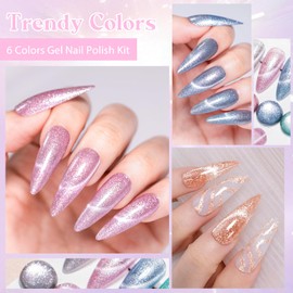MEET ACROSS Gel Nail Polish Set, 6 Colors Cat Eye Shimmer Collection, 7ml/0.24fl.oz Each, UV LED Soak Off (Set-12, 6pcs)