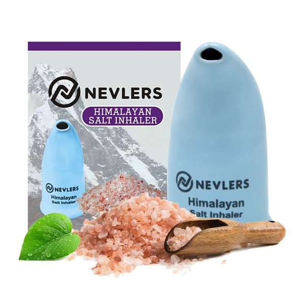 Nevlers Himalayan Salt Inhaler Ceramic with 6 Oz Organic Himalayan Pink Salt Coarse - Handheld Salt Air Sea Salt Inhaler - Blue