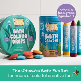 Honeysticks Ultimate Bath Fun Set - Non Toxic Bath Crayons (7 Pack) and Bath Colour Tablets (36 Drops) for Hours of Creative Bathtub Fun - Natural and Food Grade Ingredients - Great Gift Set for Kids