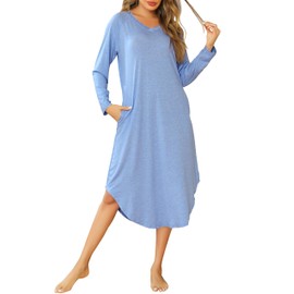 Wikoan Women's Nightdress V-Neck Super Soft Cotton Nighties Long Sleeve Nightgown Lounge Dress with Pockets,Light Blue,M