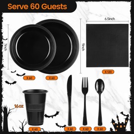 Kochorie 480 Pieces Black Plastic Dinnerware Set for 60 Guests Disposable Party Plates Napkins Cups and Silverware Dessert Dinner Plates for Halloween Birthday Wedding Party Supplies