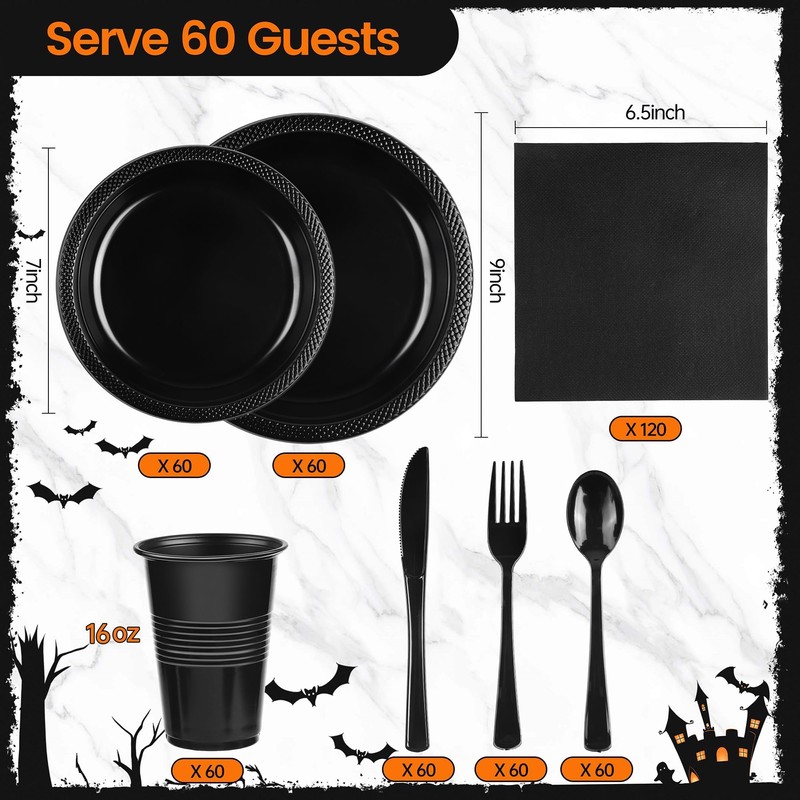 Kochorie 480 Pieces Black Plastic Dinnerware Set for 60 Guests