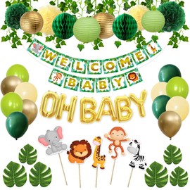 Sweet Baby Co. Jungle Theme Safari Baby Shower Decorations with Banner, Animal Centerpieces, Tropical Leaves, Greenery Garland, Lantern, Pom Poms, Oh Baby Balloons, Neutral Party Supplies for Boy Girl