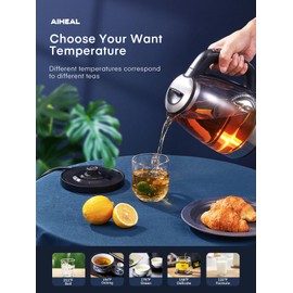 Electric Kettle, Aiheal Glass Kettle Temperature Control With 5 Colors LED Lights Variable, Keep Warm, Fast Boiling Electric Kettle, Stainless Steel Inner Lid & Bottom, 1.7L